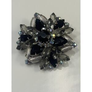 Vintage Brooch Black & Aurora Borealis Rhinestones Flower Design Unsigned 1950s